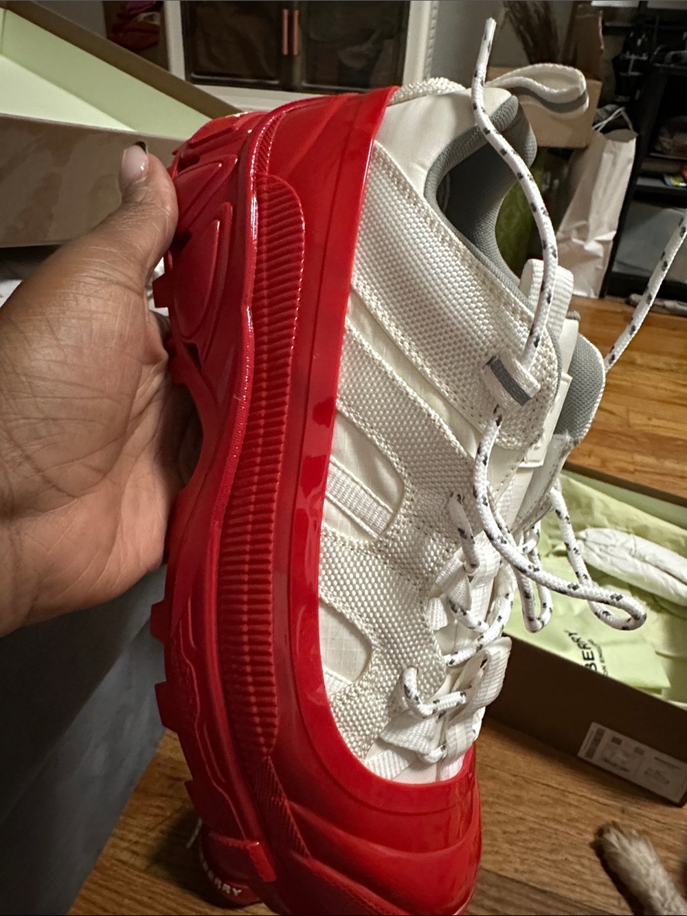 Burberry White and Red Patent Chunky Lace-Up Sneakers. New never worn. - Picture 11 of 14